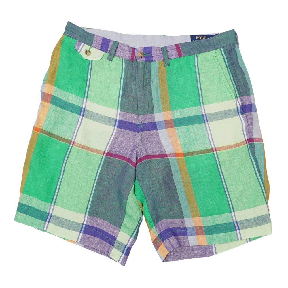POLO RALPH LAUREN Men's 32 Multicolor 100% Linen Madras Plaid Classic Fit Shorts